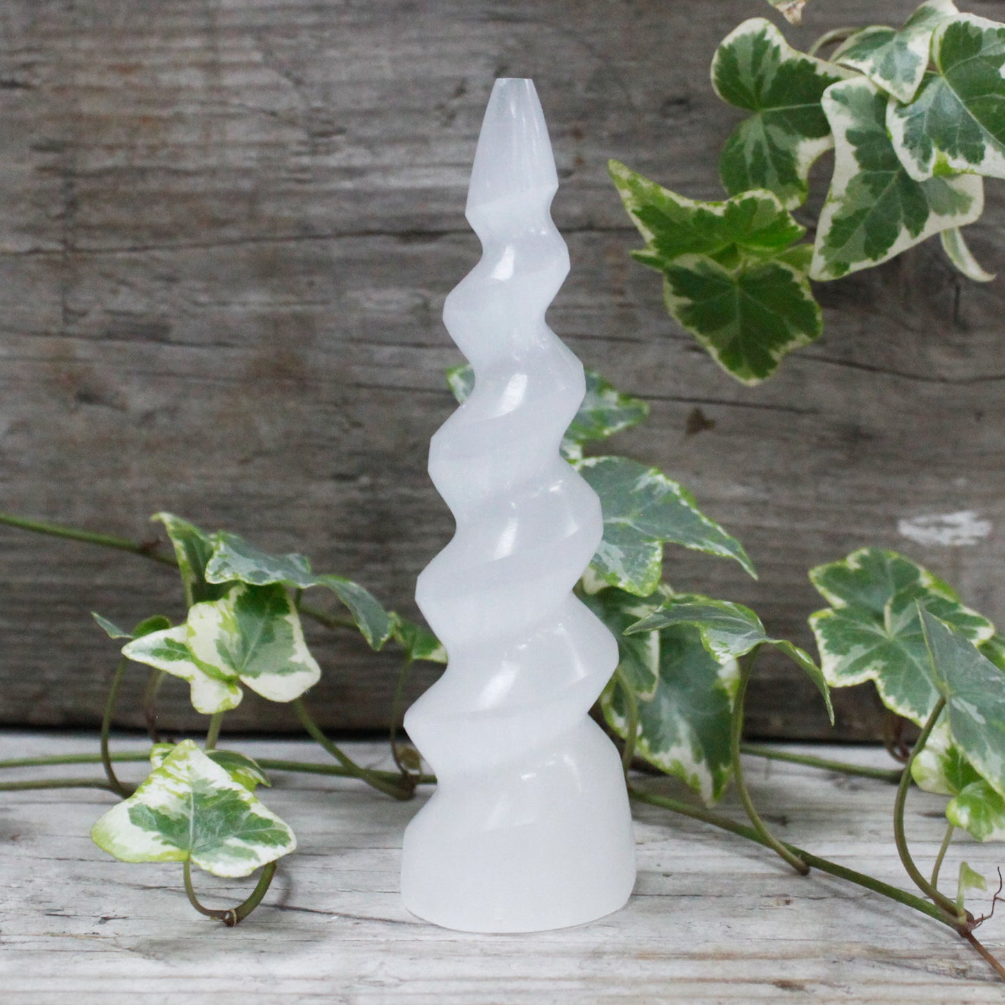 Selenite Spiral Unicorn Leather Tower - 15 cm