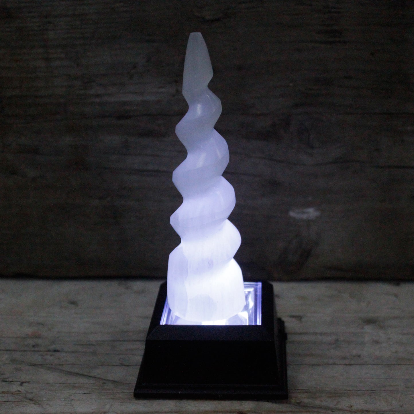 Selenite Spiral Unicorn Leather Tower - 15 cm