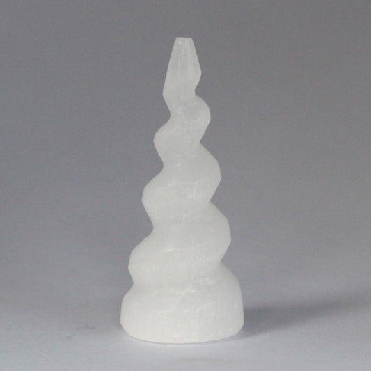 Selenite Spiral Unicorn Leather Tower - 10 cm