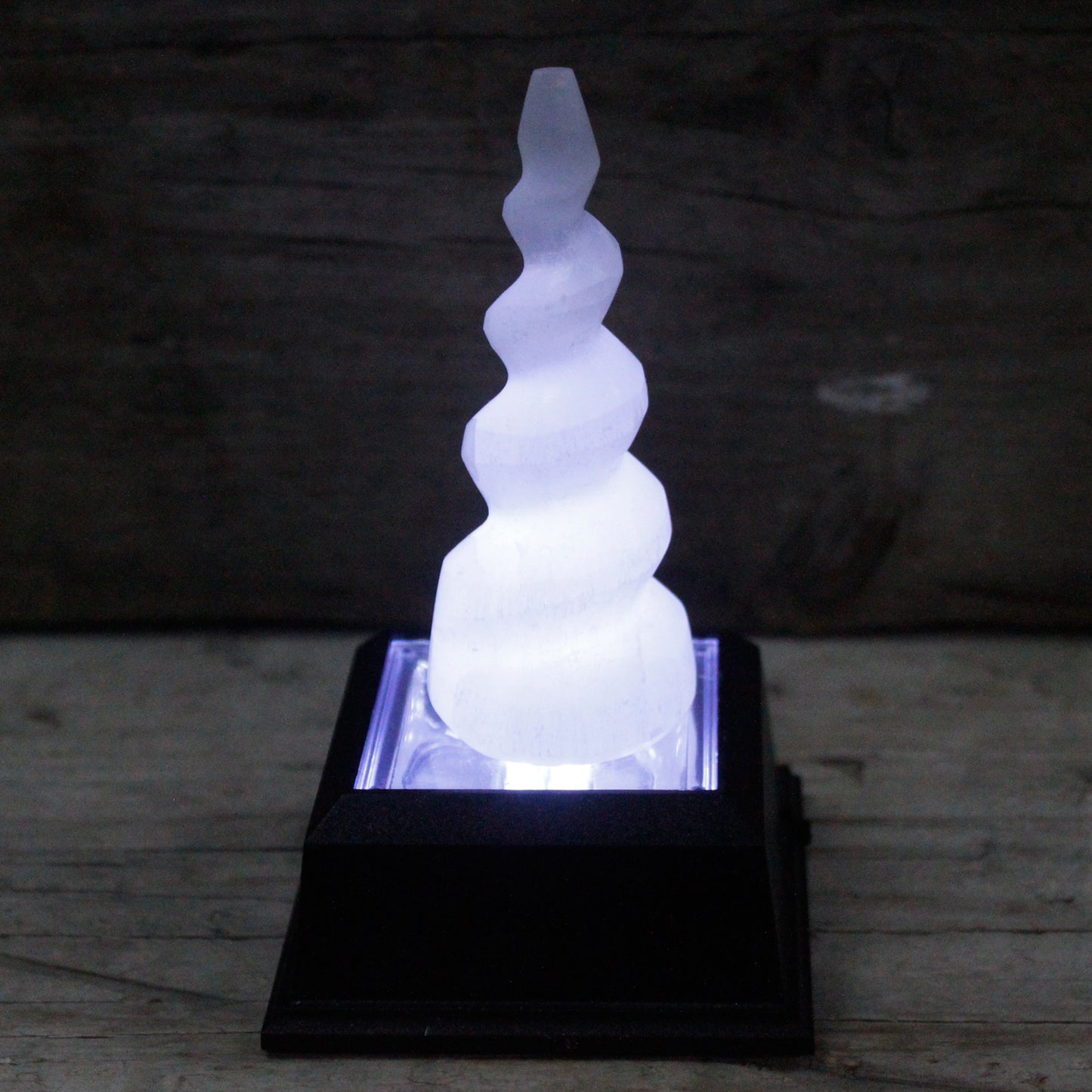 Selenite Spiral Unicorn Leather Tower - 10 cm