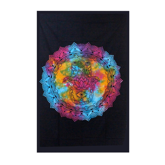 Cotton Single Bedspread - Black Hamsa