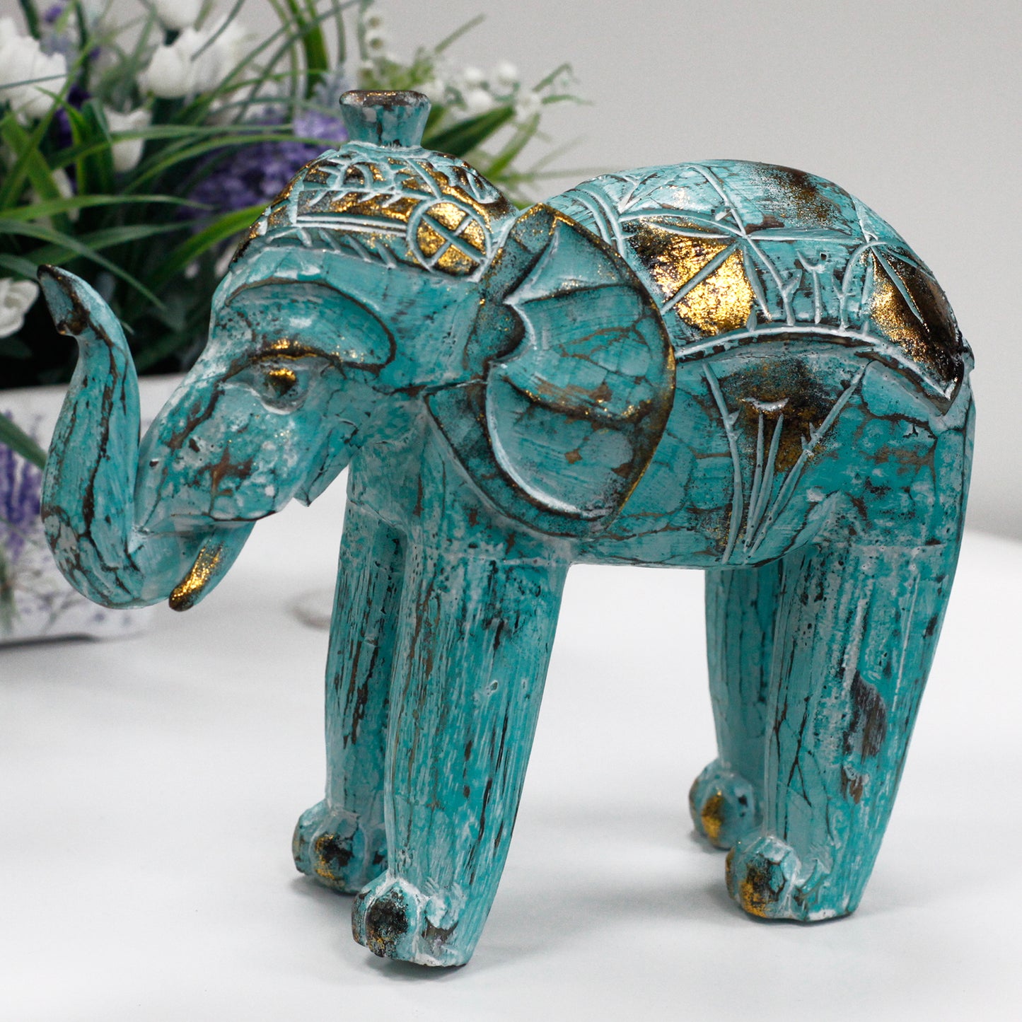 Elephant Tallado en Madera - Gold Turquesa