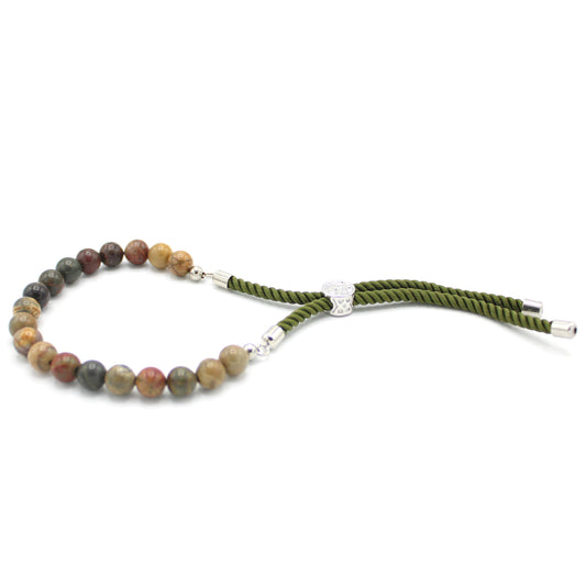 Adjustable green hem bracelet with multicolor Jasper in 18 carat gold