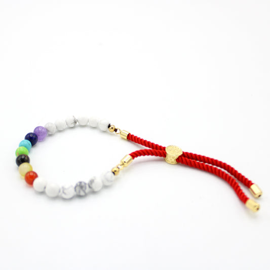 Red hilo bracelet with white Khaulite and Chakras in 925 silver