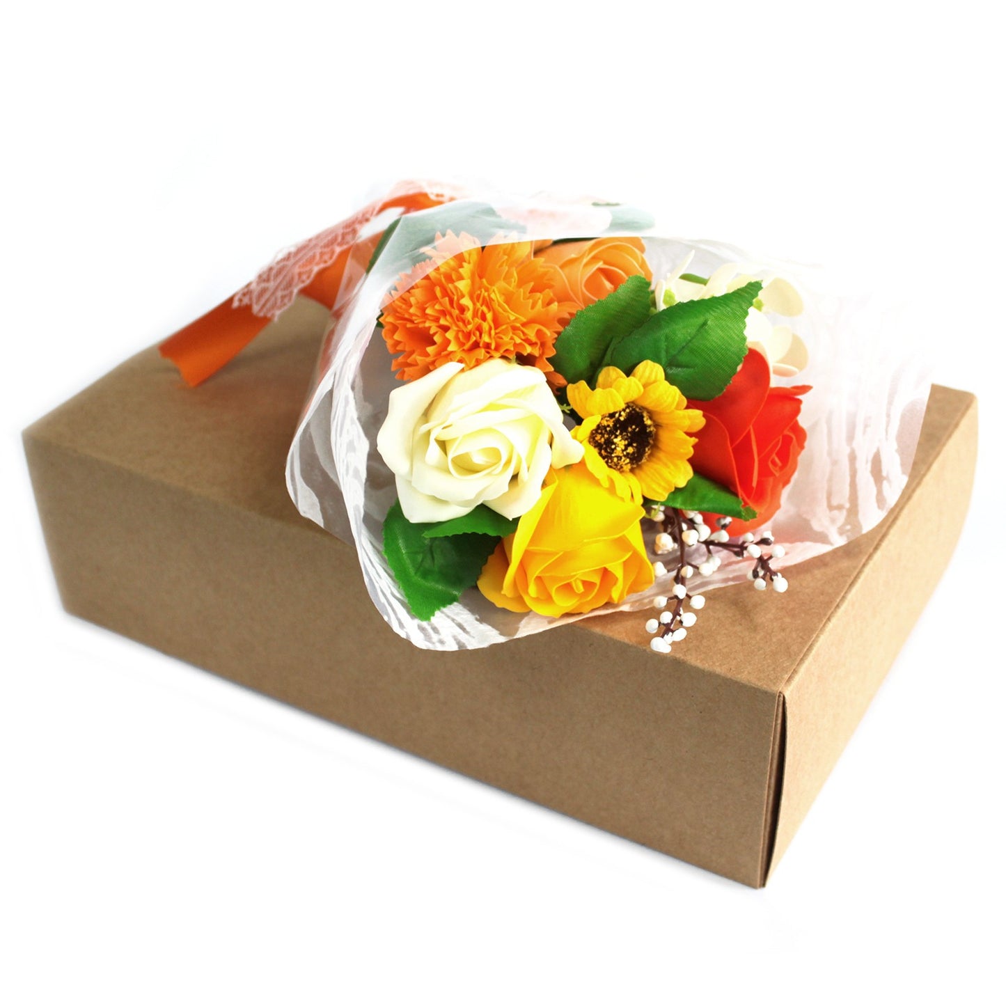 Bouquet flores jabón en caja - naranja