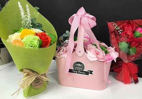 Panier bouquet de fleurs de jabon - rose