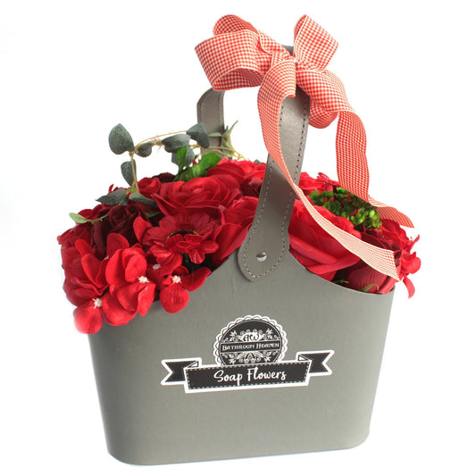 Basket bouquet of jabon flowers - red