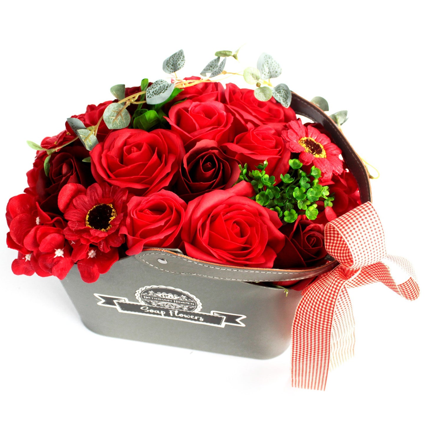 Basket bouquet of jabon flowers - red