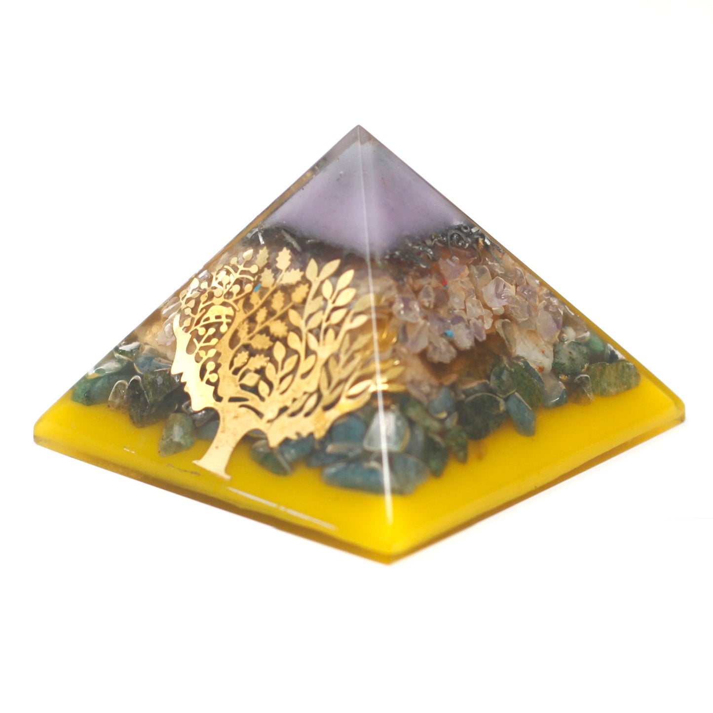 Pyramide Orgonite Lrg 70 mm - Pierres Chakra 70 cm - Arbre (Base Or)