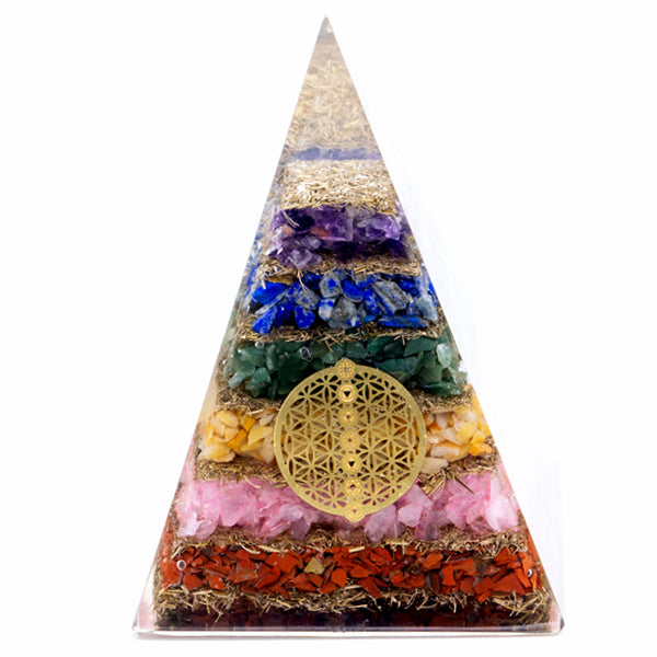 Pyramide Orgonite Lrg 70mm - Pierres Chakra - Flor de la Vida de los Siete Chakras - 70 mm