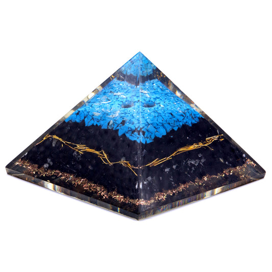 Pyramide Orgonite Lrg 70mm - Pierres Chakra - Tourmaline Turquoise et Noire - 70 mm