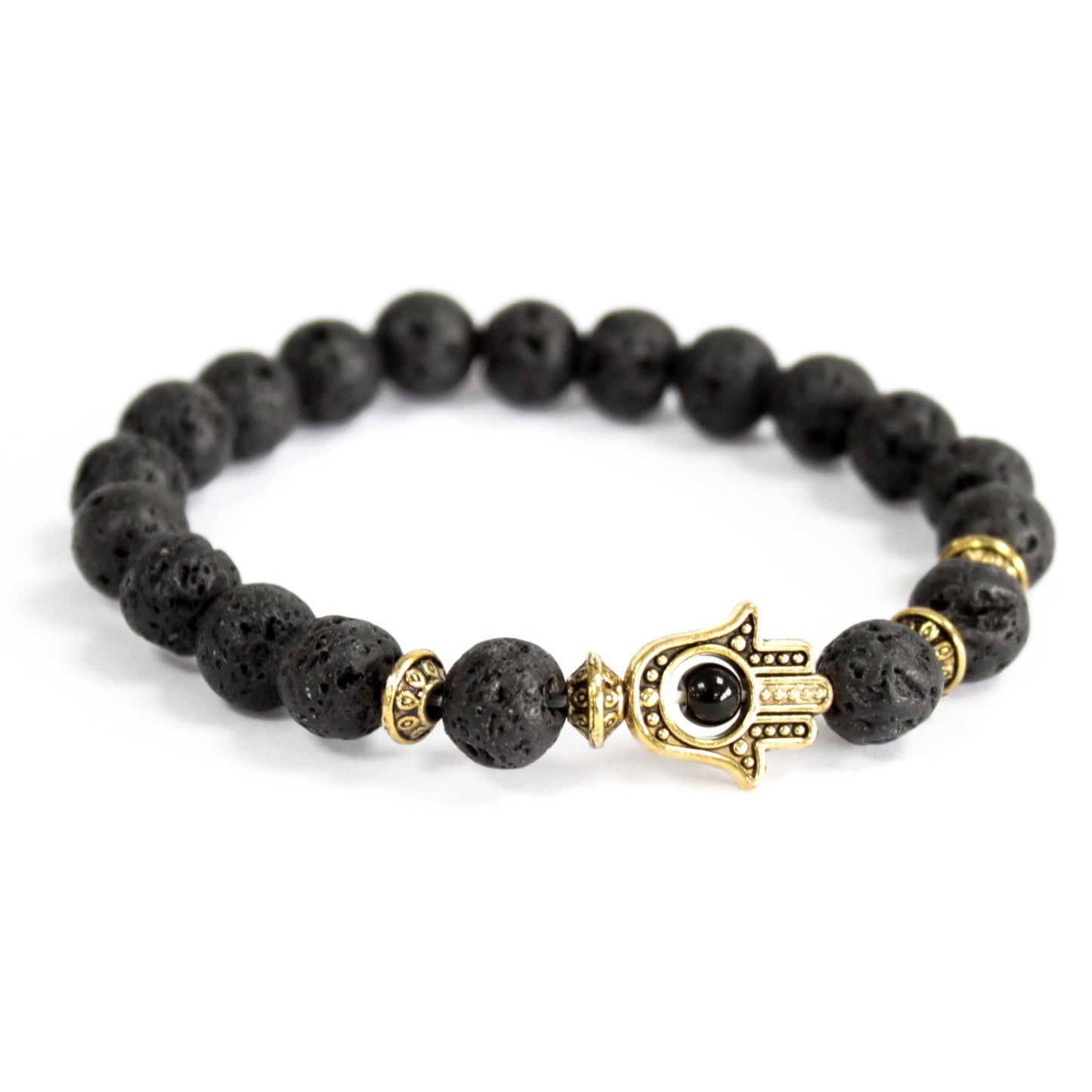 Gold hamsa / lava stone - precious stone bracelet