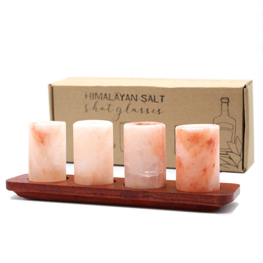 Set of 4 Himalayan salt jars and wooden stand for serving