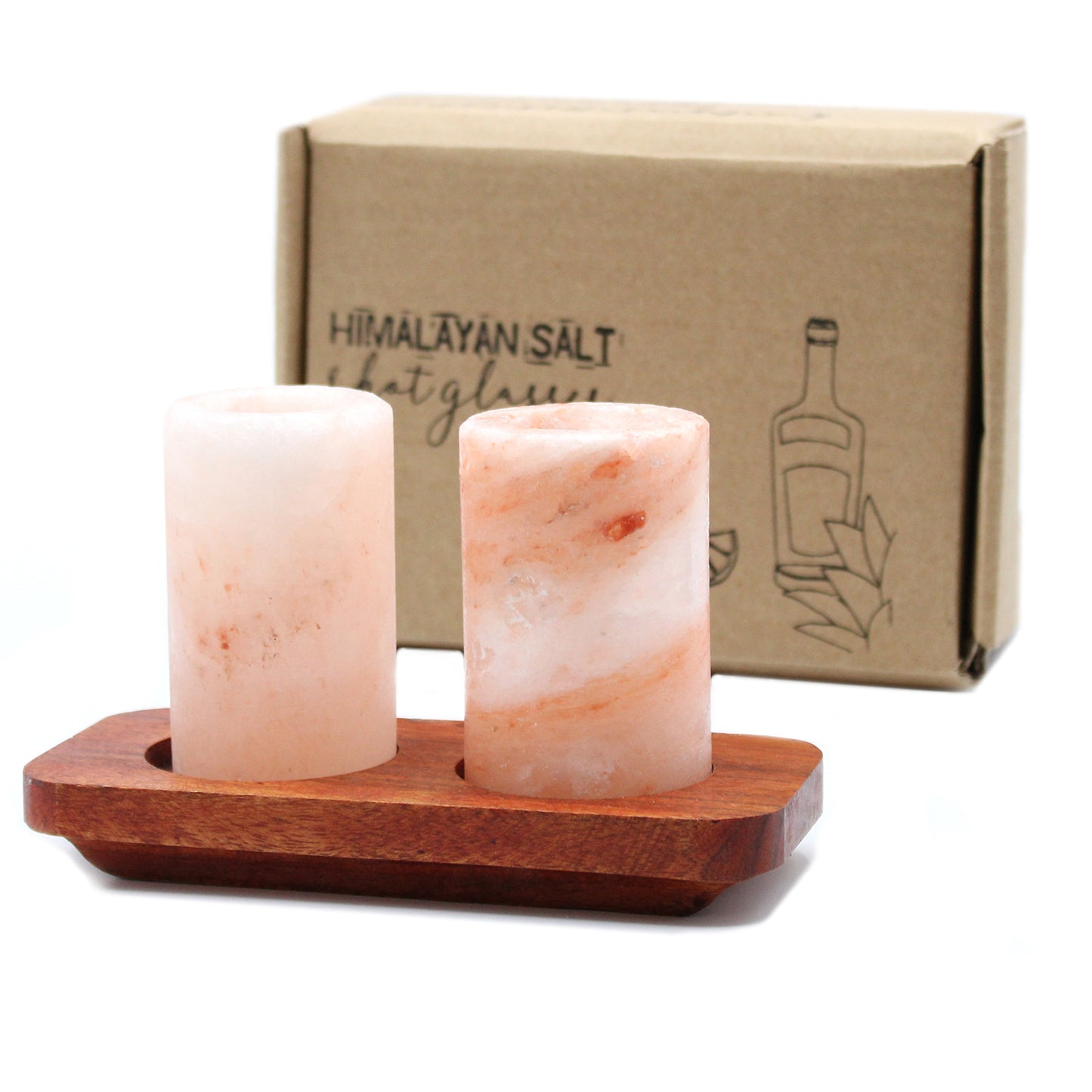 Set of 2 Himalayan salt jars and wooden stand for serving