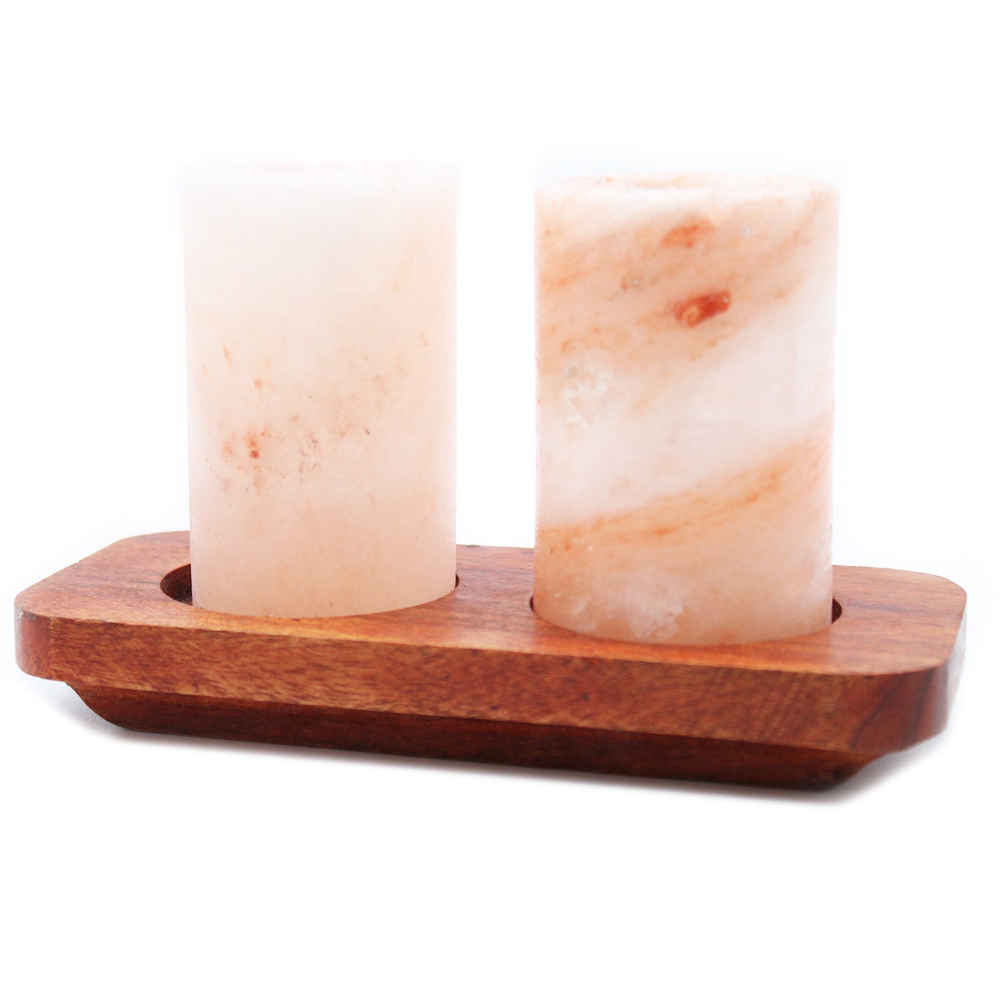 Set of 2 Himalayan salt jars and wooden stand for serving