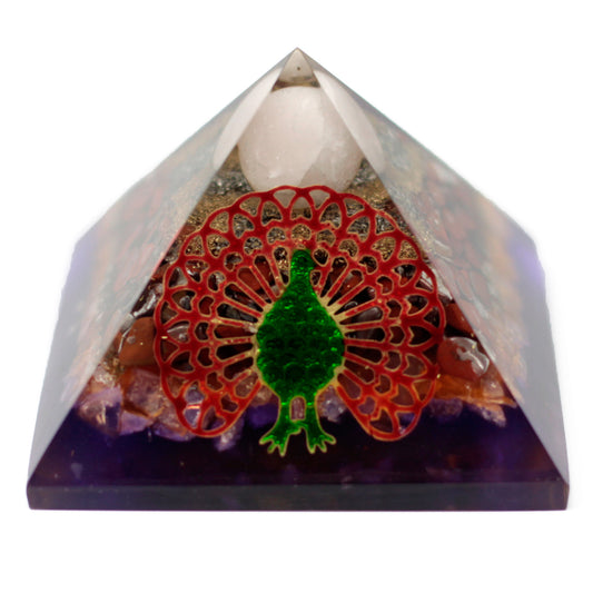 Lrg Organite Pyramid 70cm - Real peacock (earthen base)