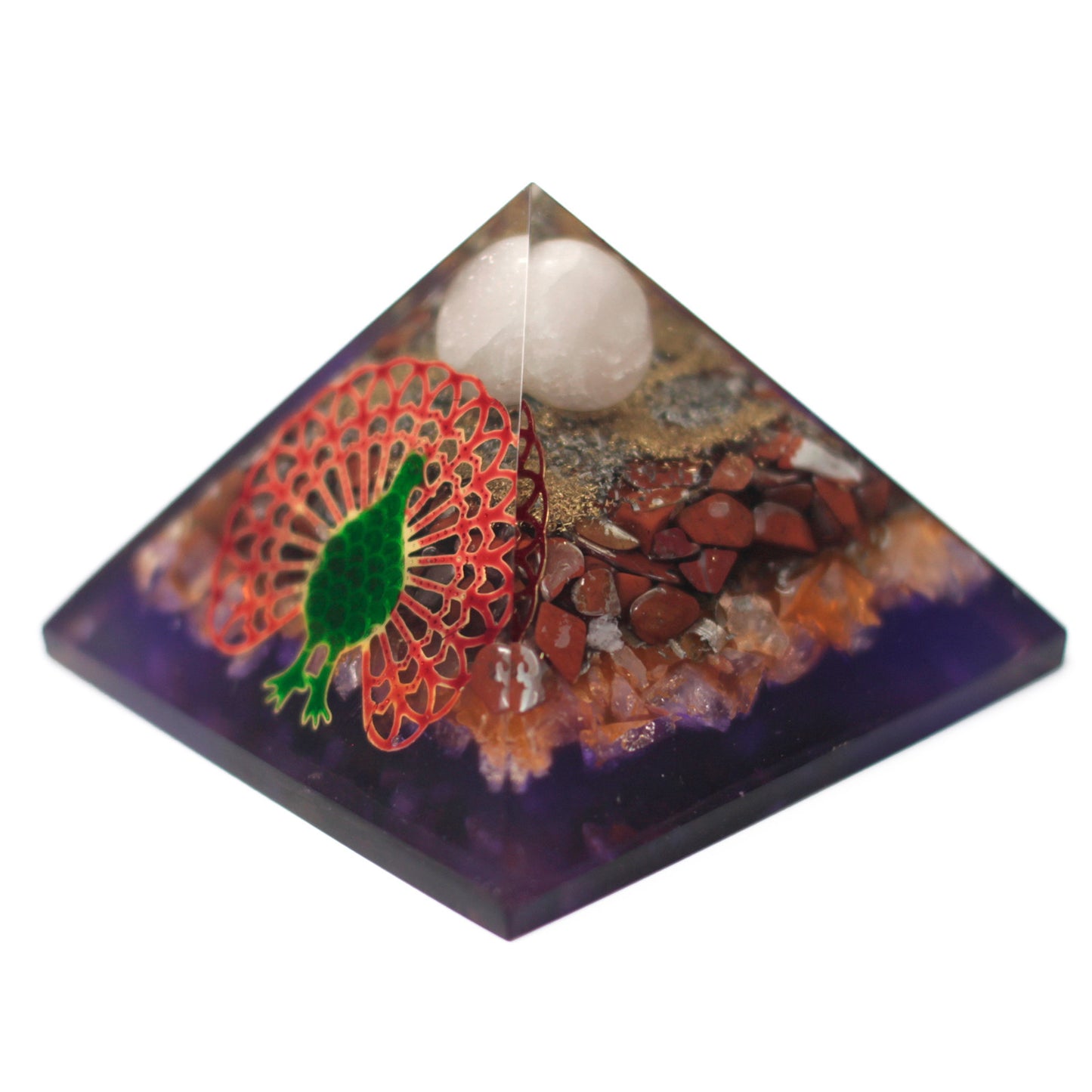 Lrg Organite Pyramid 70cm - Real peacock (earthen base)