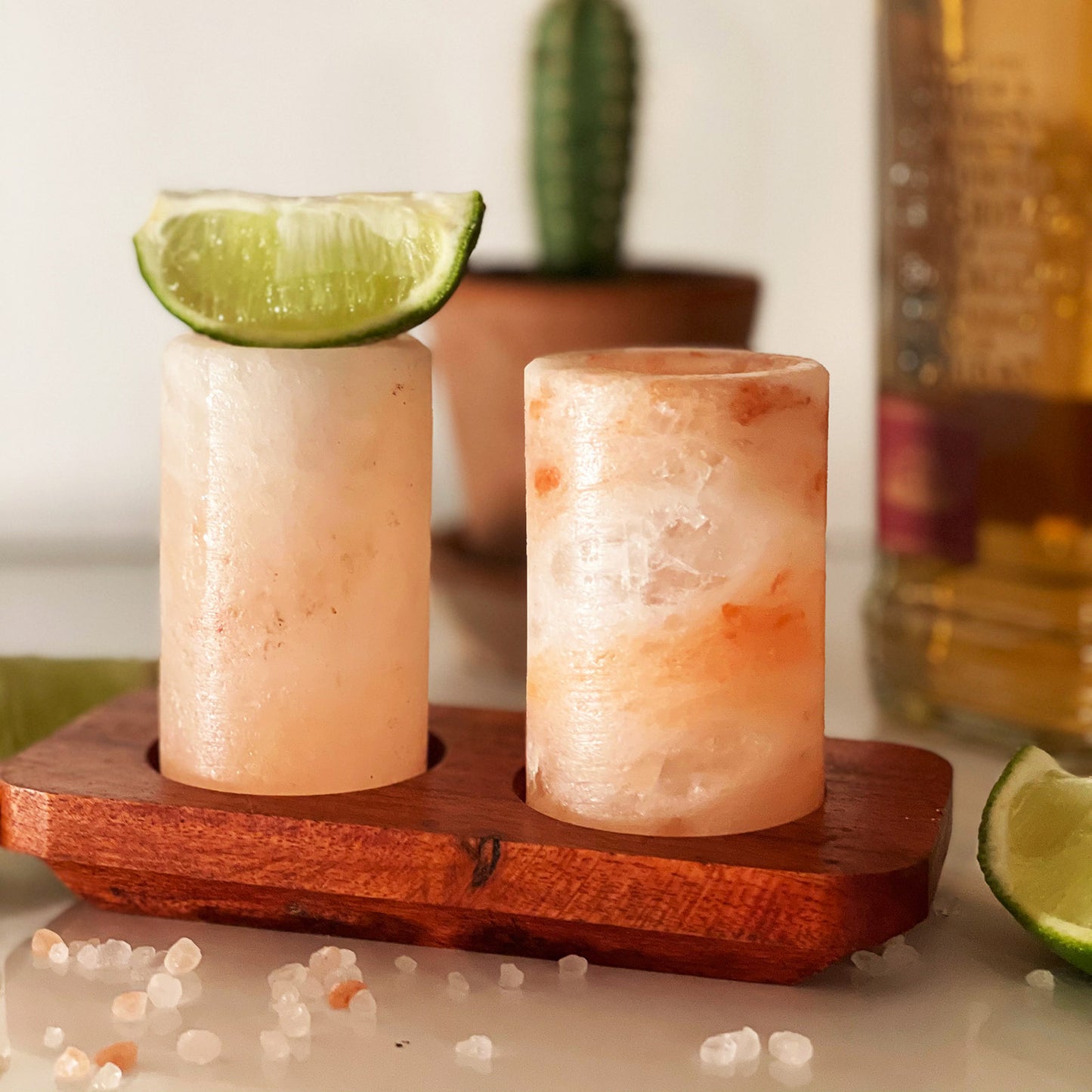 Set of 2 Himalayan salt jars and wooden stand for serving