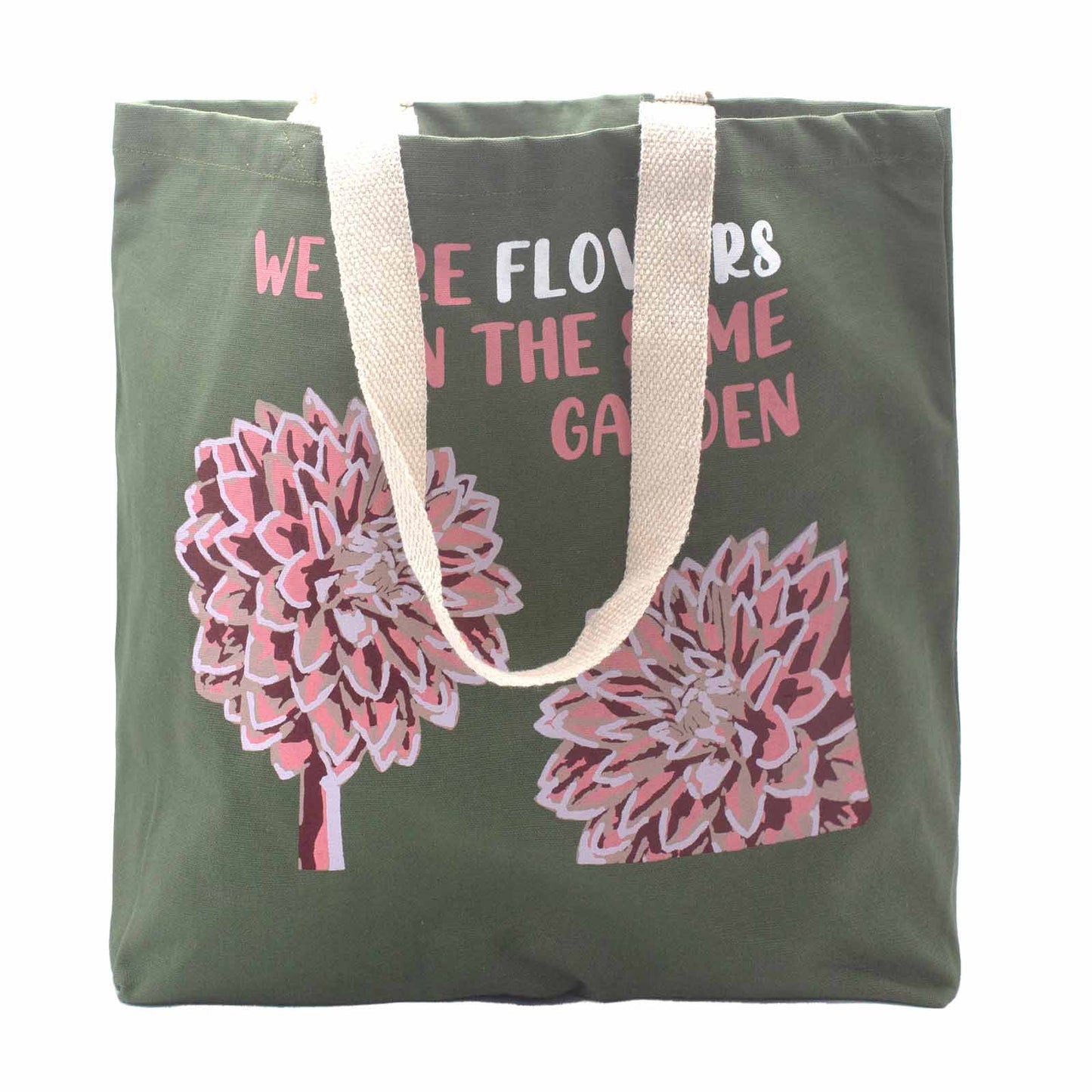 Sac en coton imprimé - nous sommes des fleurs - Olive, Rose et Naturel