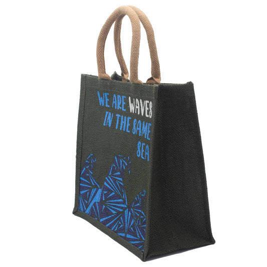 bolsa de yute estampada - Somos olas - Cinza, Azul y Natural