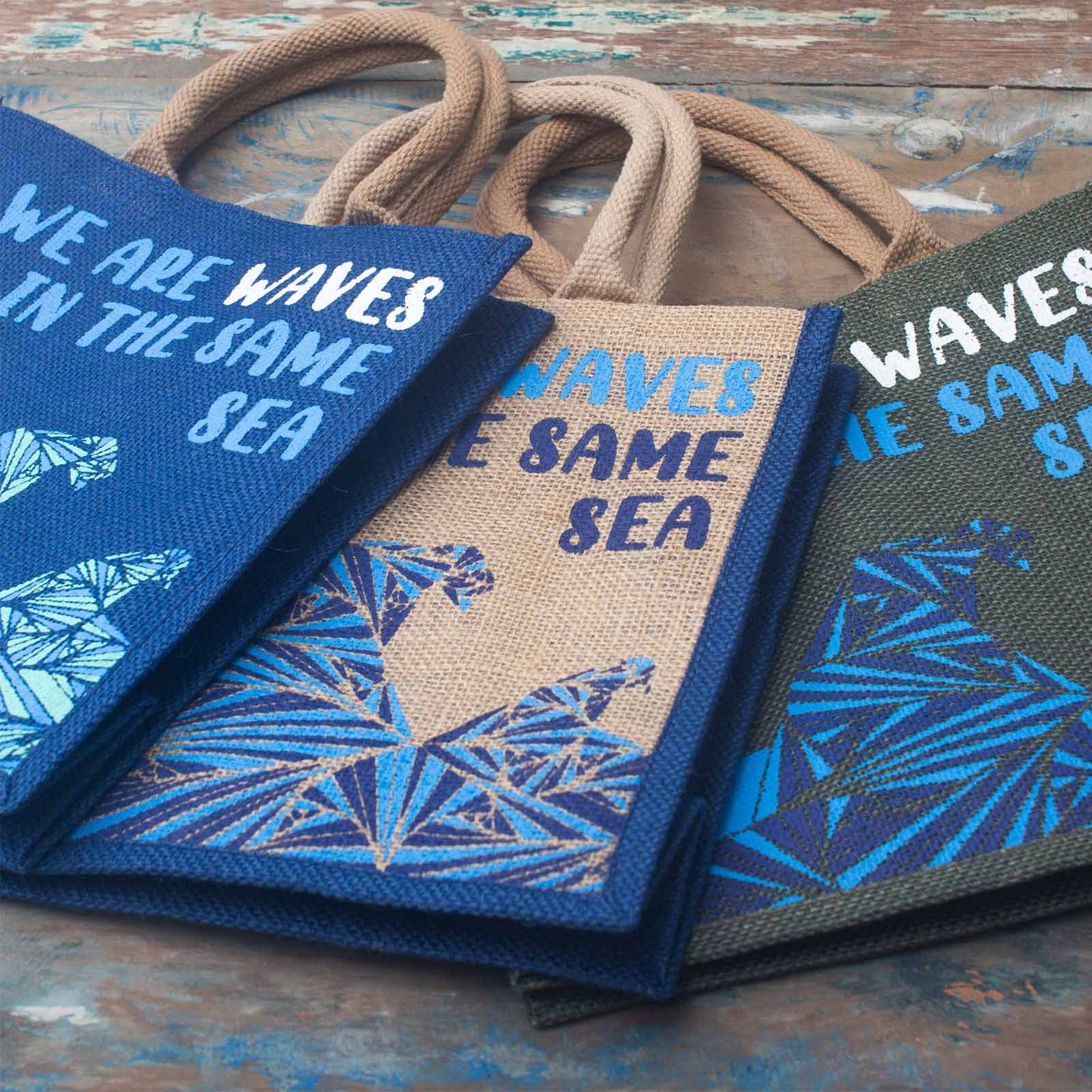 printed yute bag - Somos olas - Grey, Blue and Natural