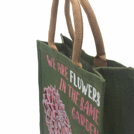 printed yute bag - We are flowers - Olive, Pink and Natural