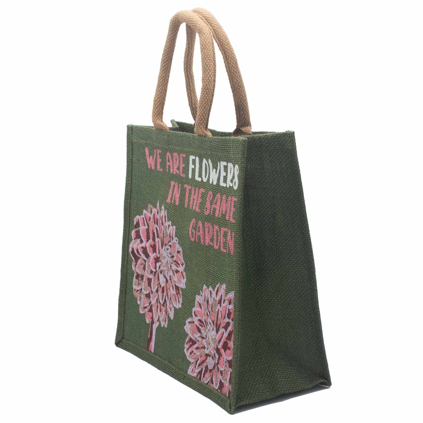 sac en jute imprimé - Nous sommes des fleurs - Olive, Rose et Naturel