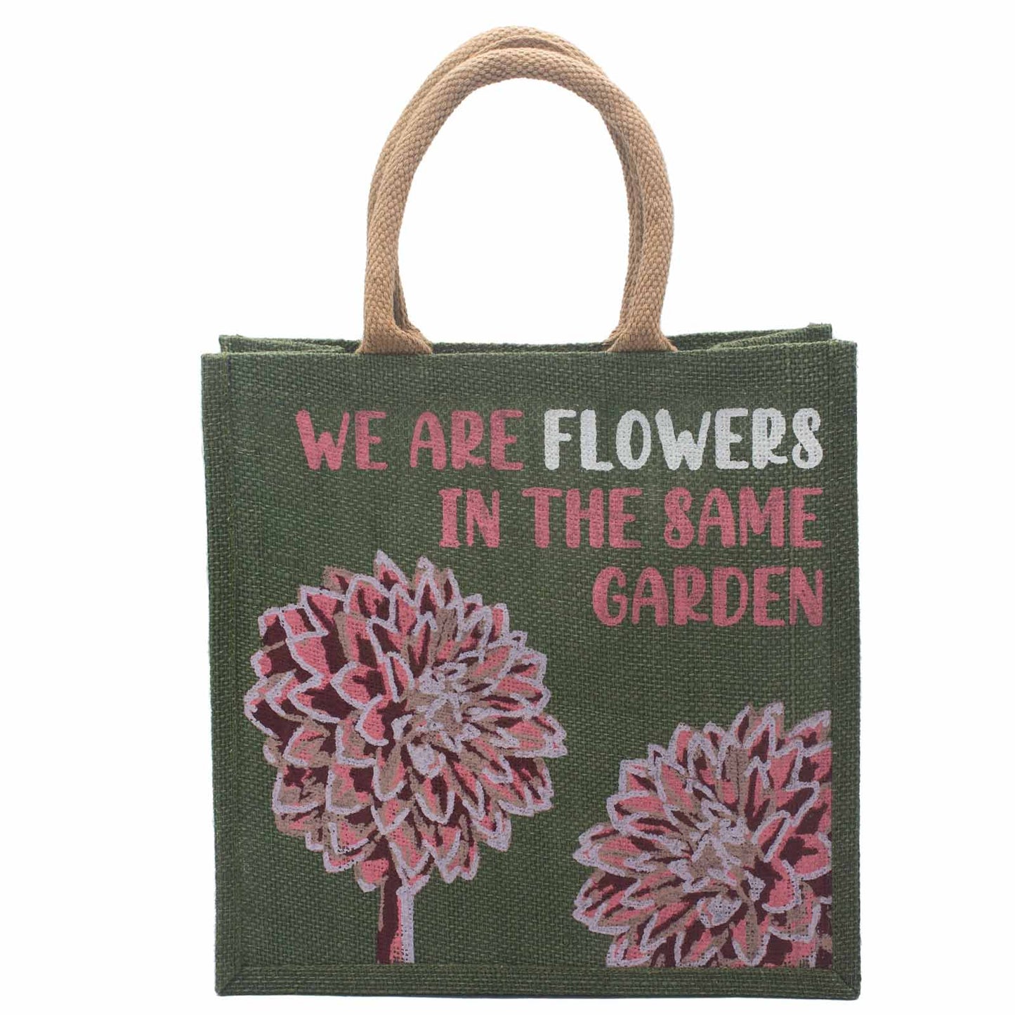 sac en jute imprimé - Nous sommes des fleurs - Olive, Rose et Naturel