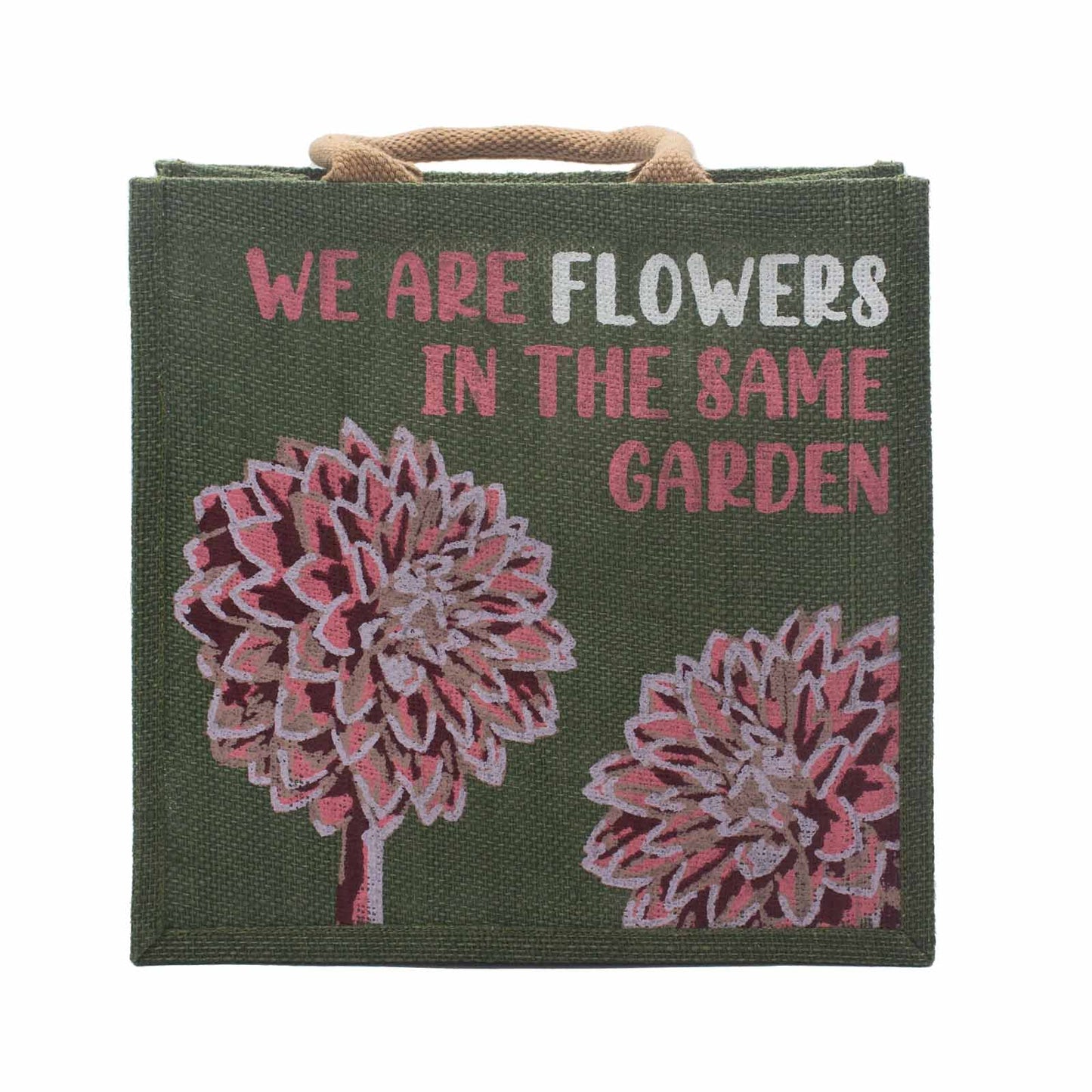 sac en jute imprimé - Nous sommes des fleurs - Olive, Rose et Naturel