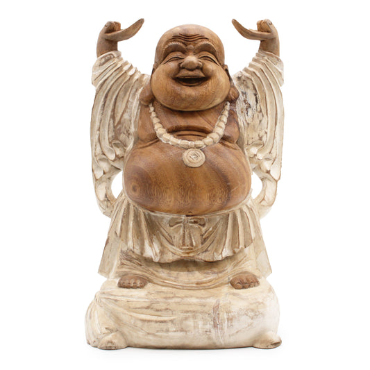 Happy Buddha Mains en l'air - Blanchiment de chaux 40cm