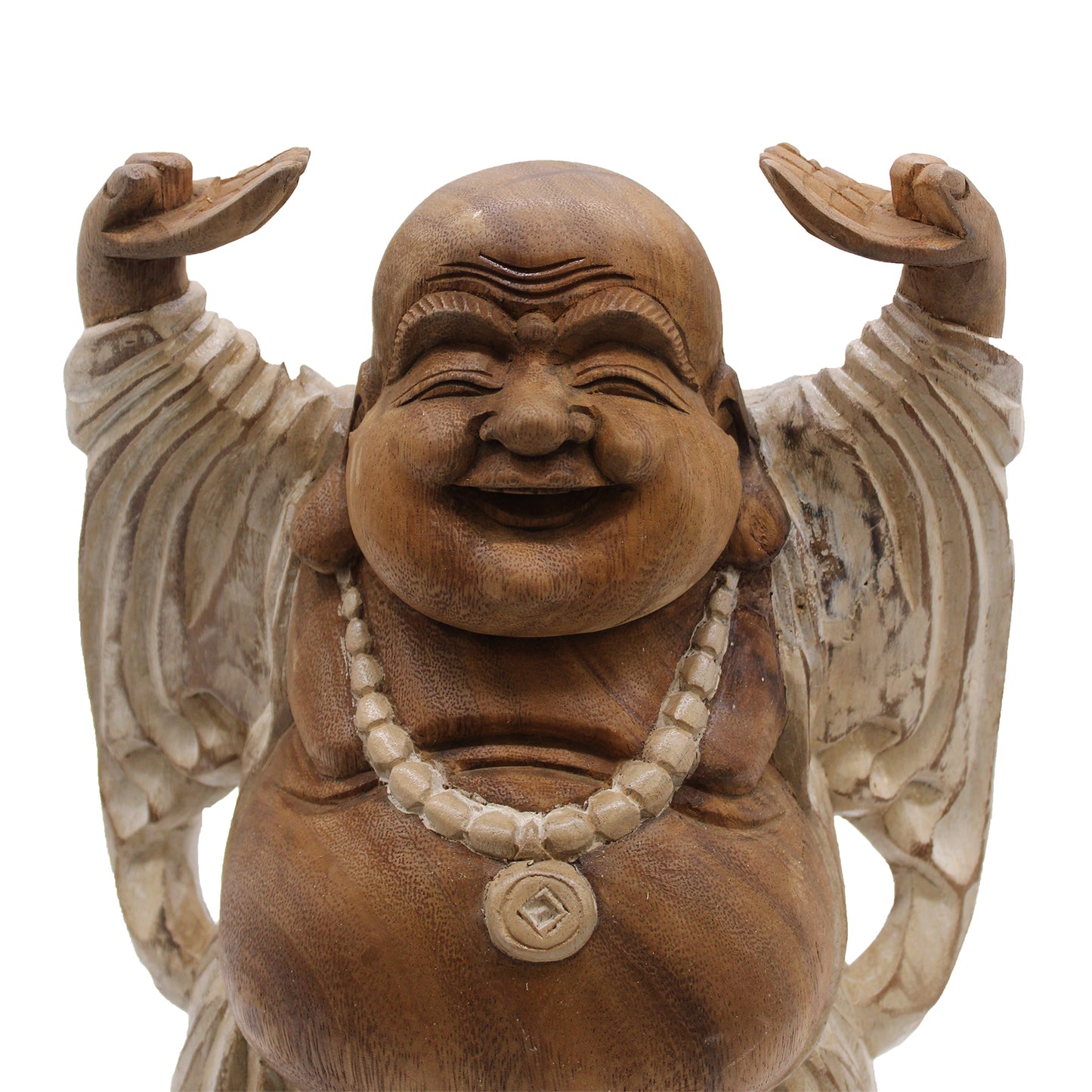 Happy Buddha Mains en l'air - Blanchiment de chaux 40cm