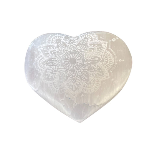 Selenite heart - 7-8cm - Engraved Mandala