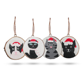 Gatos navideños - Decoración navideña de troncos pintada a mano (set 4)