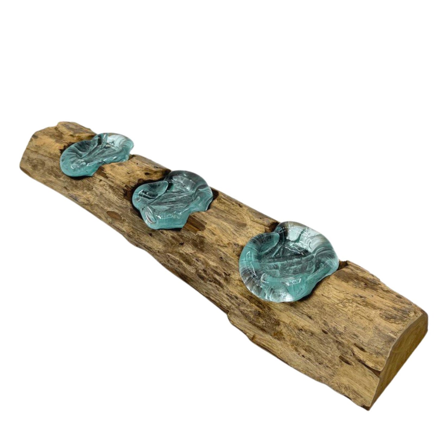 Triple flat Molton glass candle holders on wood