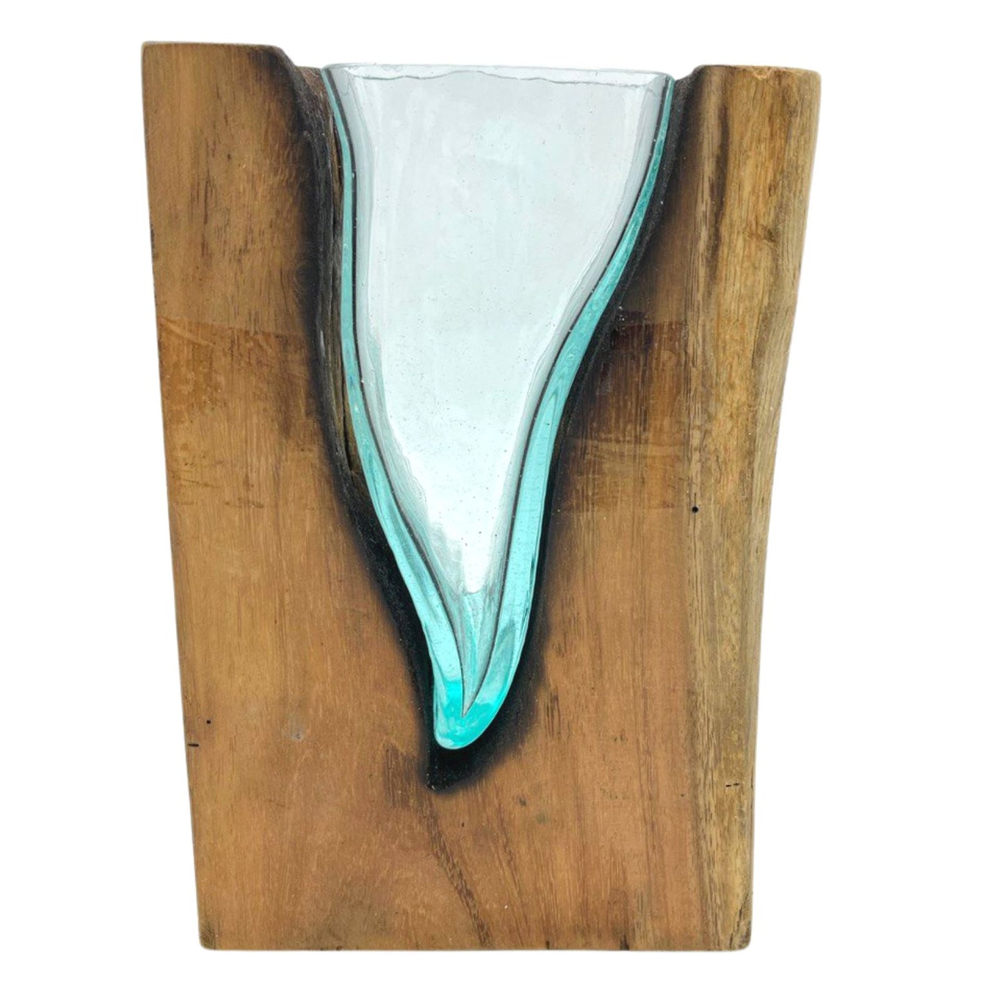 V-shaped art vase made of glass cast on wood