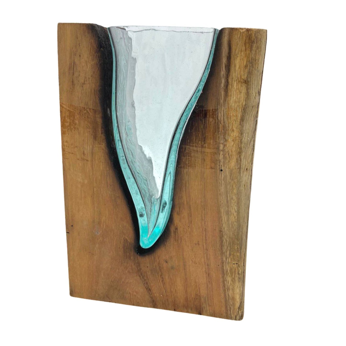 V-shaped art vase made of glass cast on wood