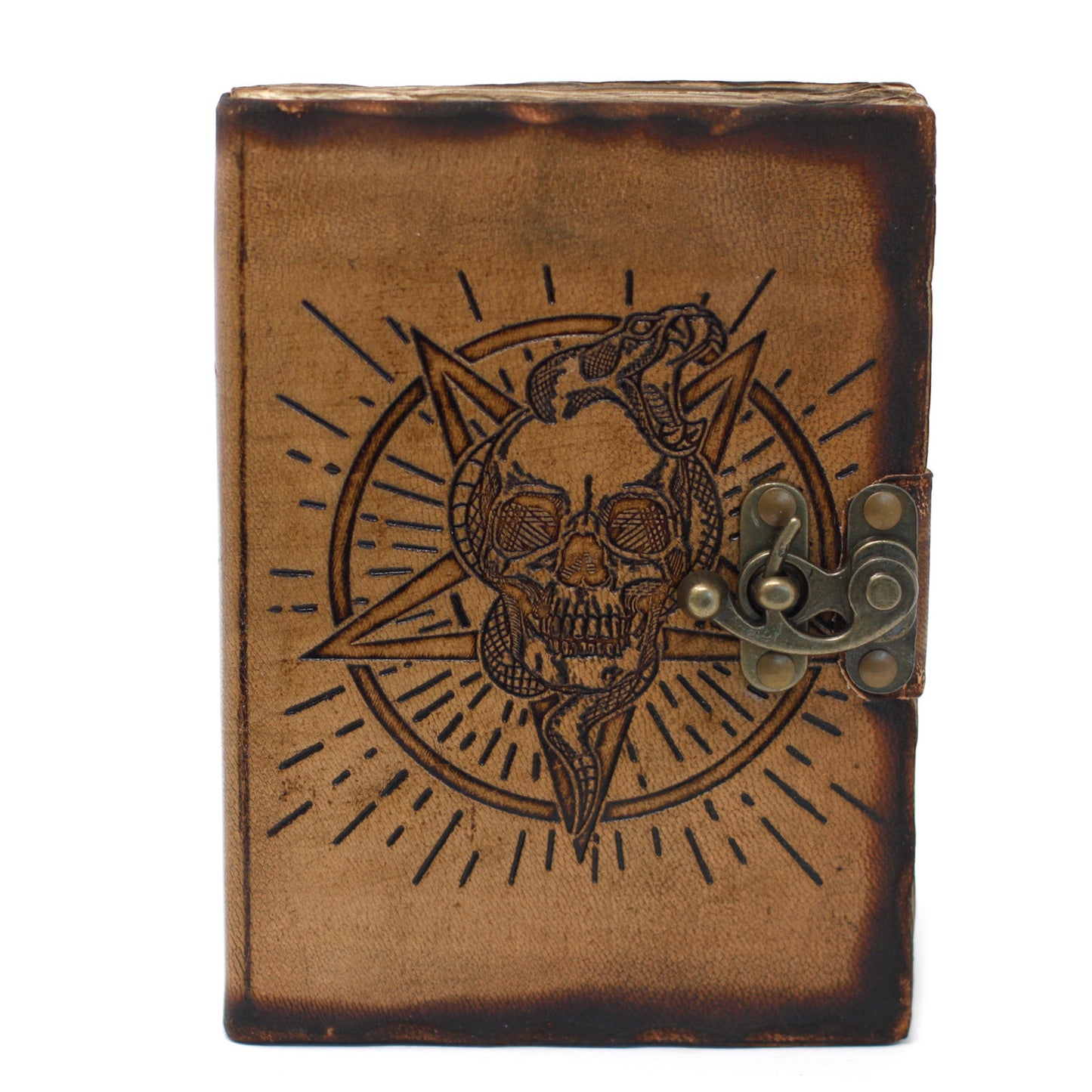 Pentagon and Calavera Leather Notebook Burnt Hojas (7x5")