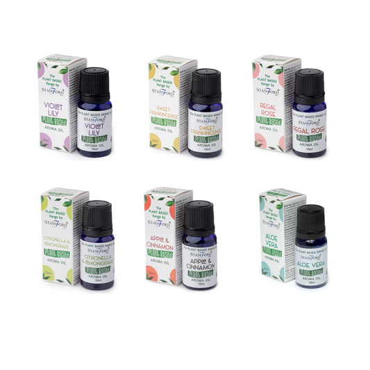 Pack of 6 Aromatic Oils based on Assorted Plants - Aloe Vera, Cinnamon and Manzana, Citronella, Royal Rose, Frankincense Dulce, Violet Lily