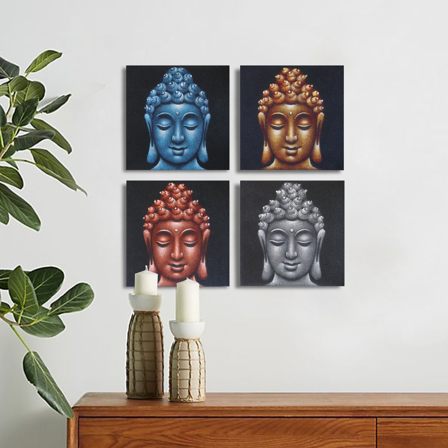 Ensemble de 4 têtes de Bouddha détaillées en arène 30x30cm