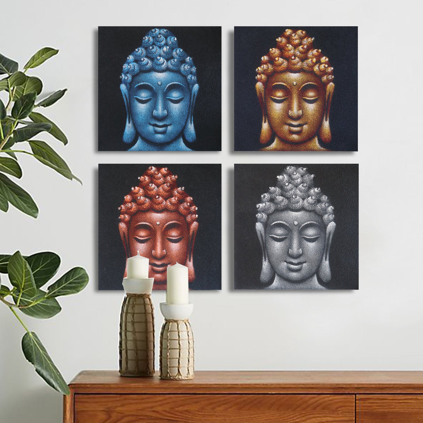 Ensemble de 4 têtes de Bouddha détaillées en arène 40x40cm