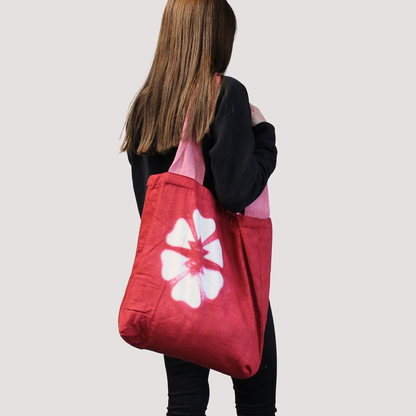 Natural Cotton Bag with "Tie Dye" Design (220g) - 38x42x12cm - Granate Flower - Pink Handle