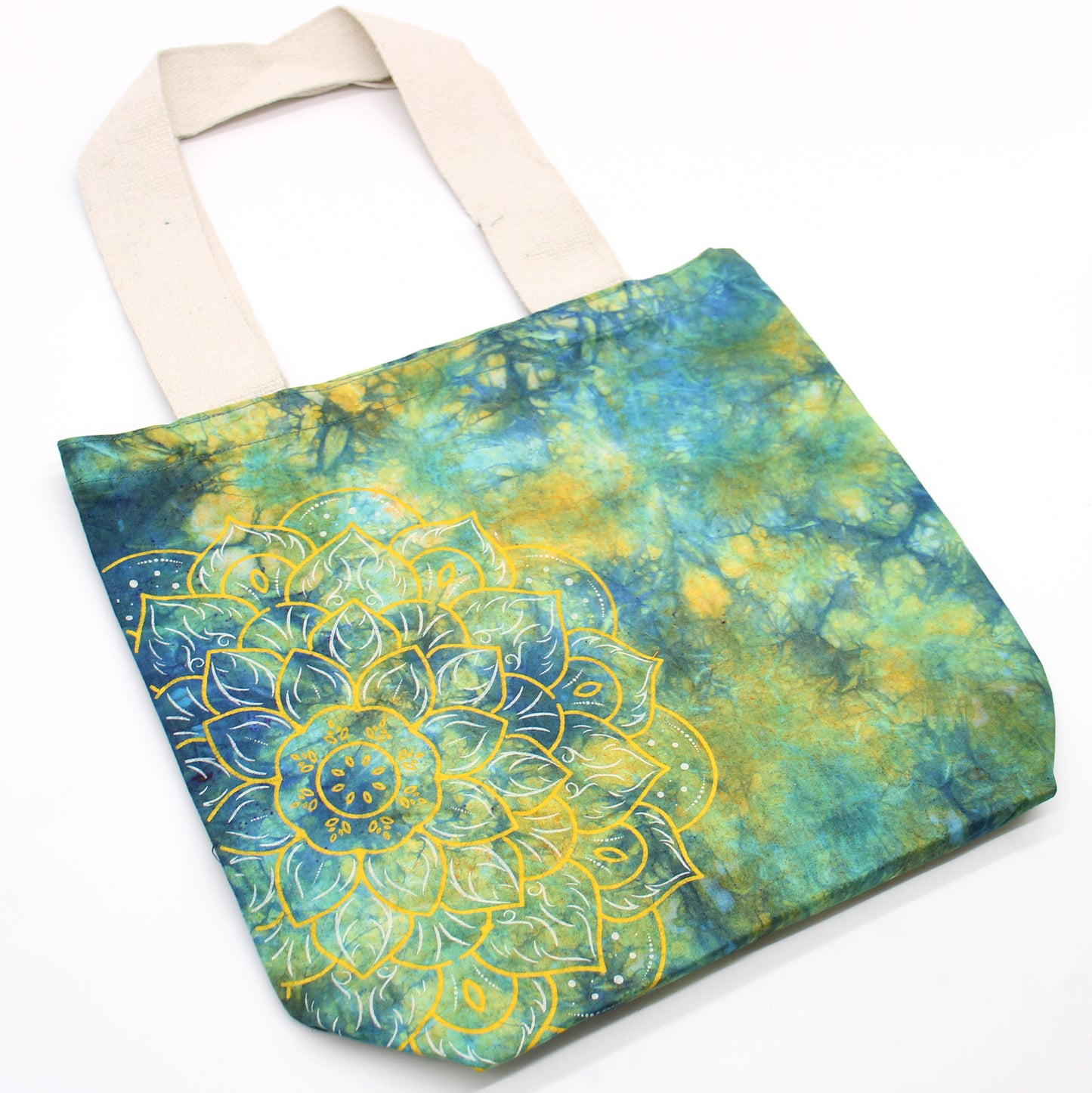 "Tie Dye" Cotton Bags (170g) - 38x42x12cm - Mandala - Green and Blue - Natural Wing