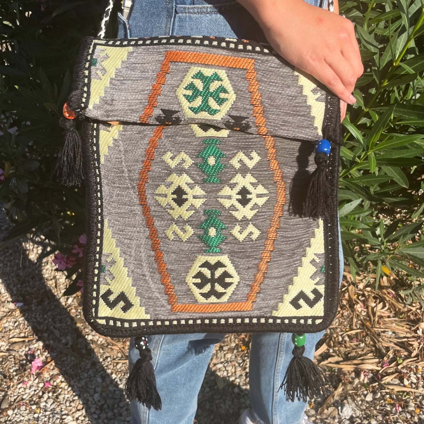 Pale gray Kilim festival sling bag