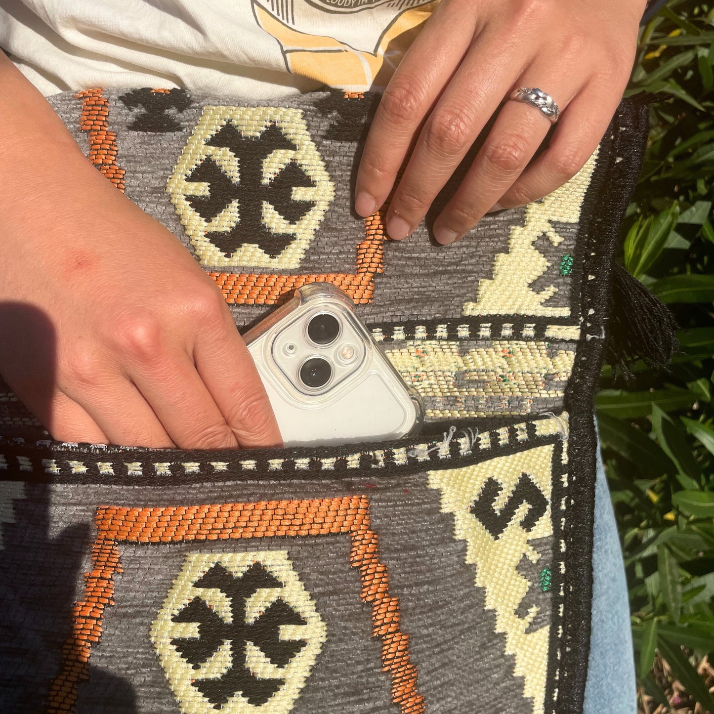 Pale gray Kilim festival sling bag