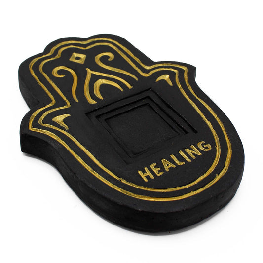 Healing incense plate - Black and golden lava stone