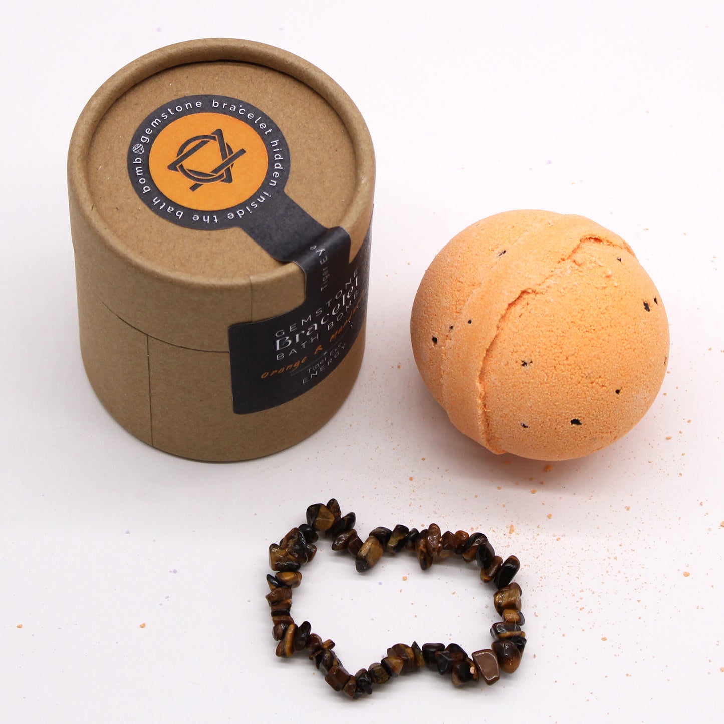 Bath bomb with tiger eye gem bracelet