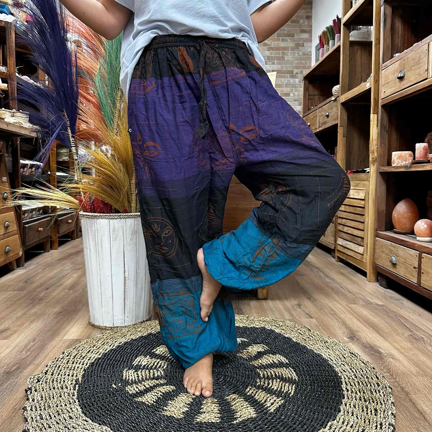 Yoga and festival pants - Himalayan High Cross print at home