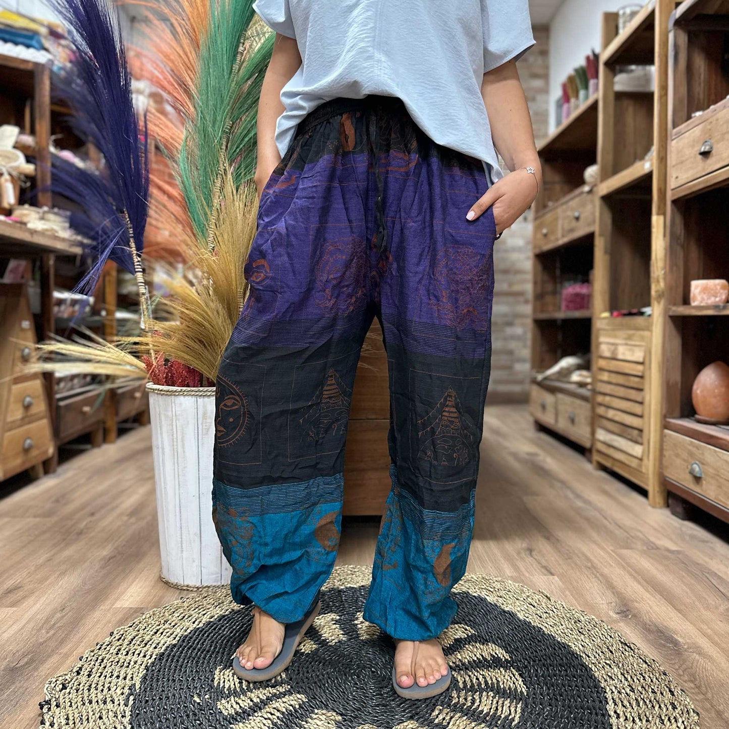 Yoga and festival pants - Himalayan High Cross print at home