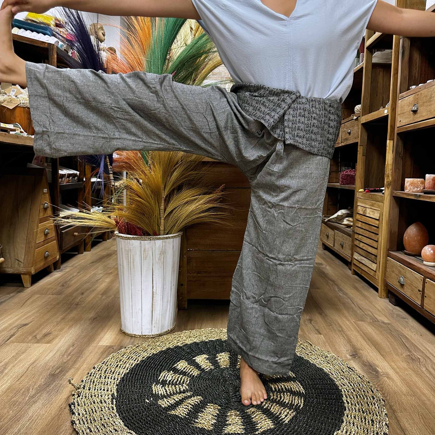 Yoga and festival pants - Thai fisherman mandala mantra in gray