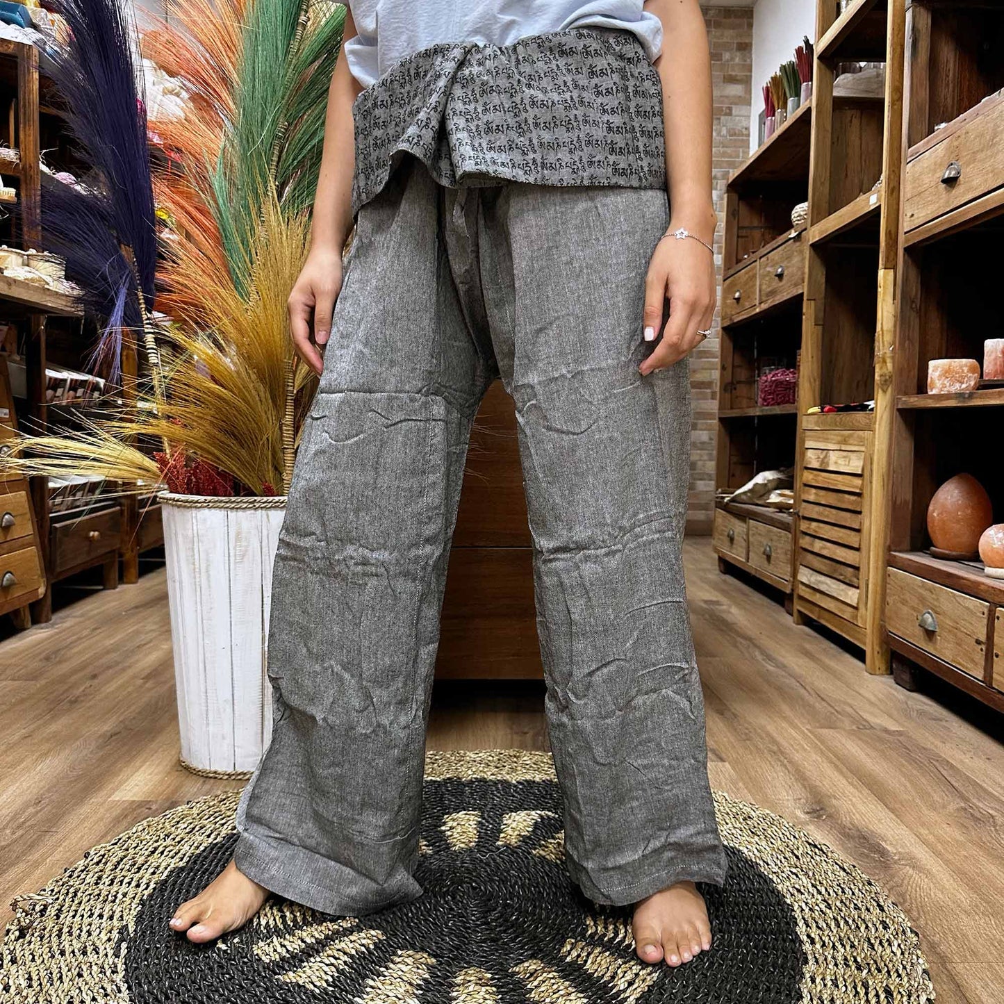 Pantalon de yoga et de festival - Mantra mandala de pêcheur thaïlandais en gris